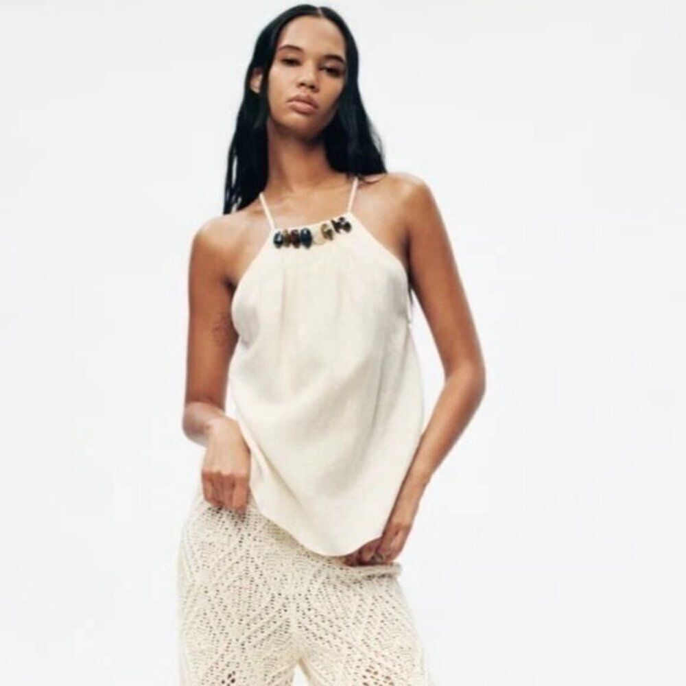 Zara Womens Linen Shirt Top Size S Ivory Ecru Pleated Beaded Collar 4222/242 NWT